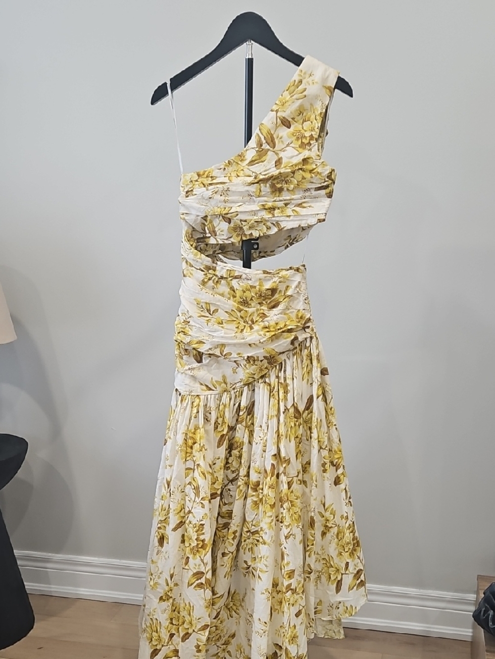 One-Shoulder Yellow Floral Cutout Maxi Dress
